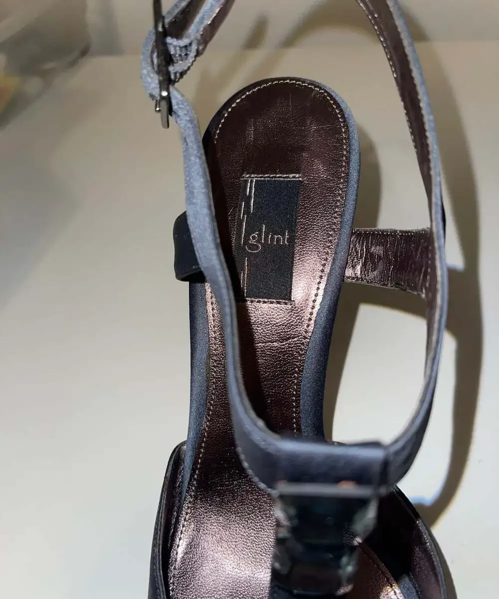 Glint‎ Madora Ash Grey Satin Jeweled T-Strap Peep Toe Heels
